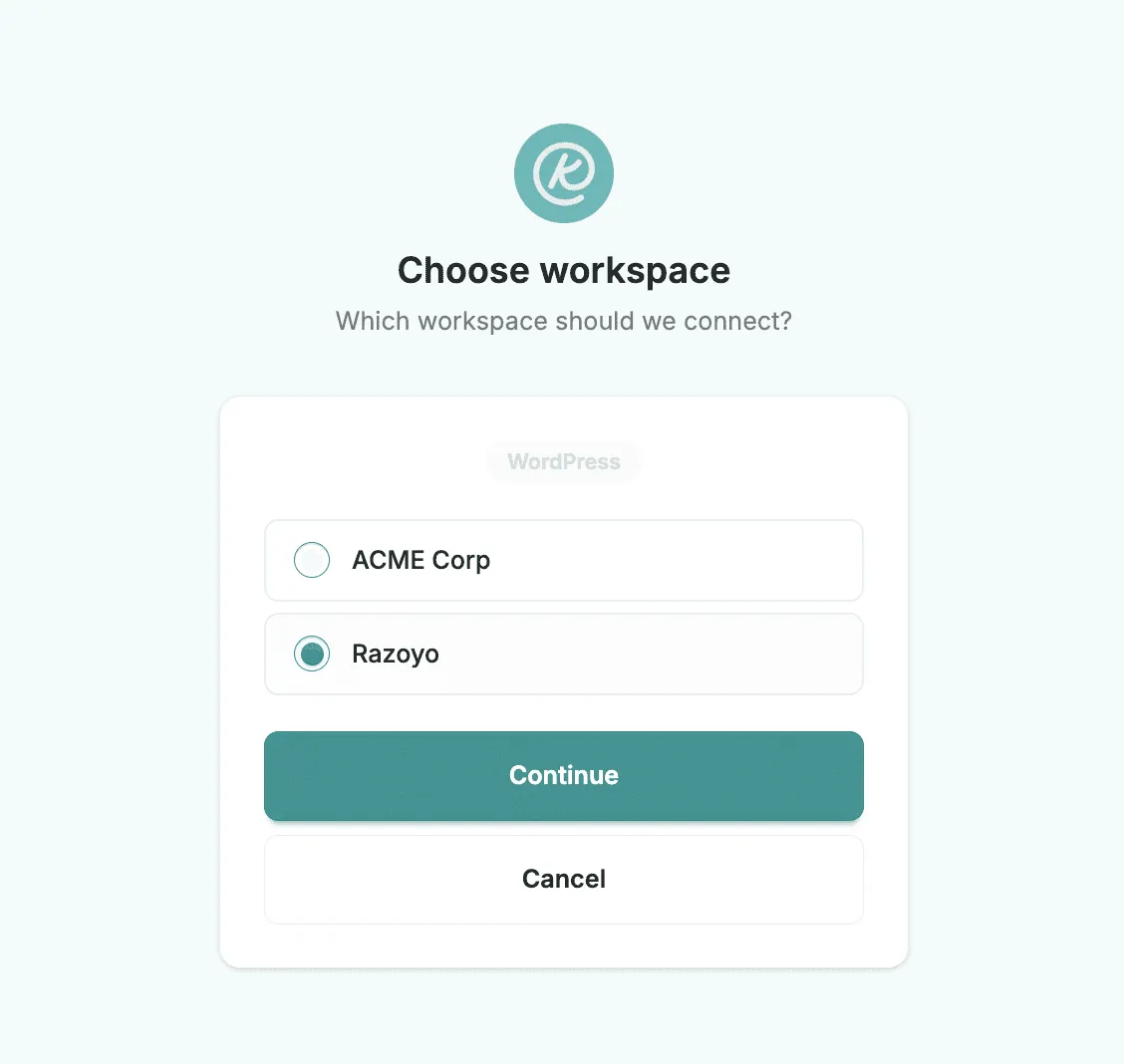The Kenzi Connect popup showing workspace selection