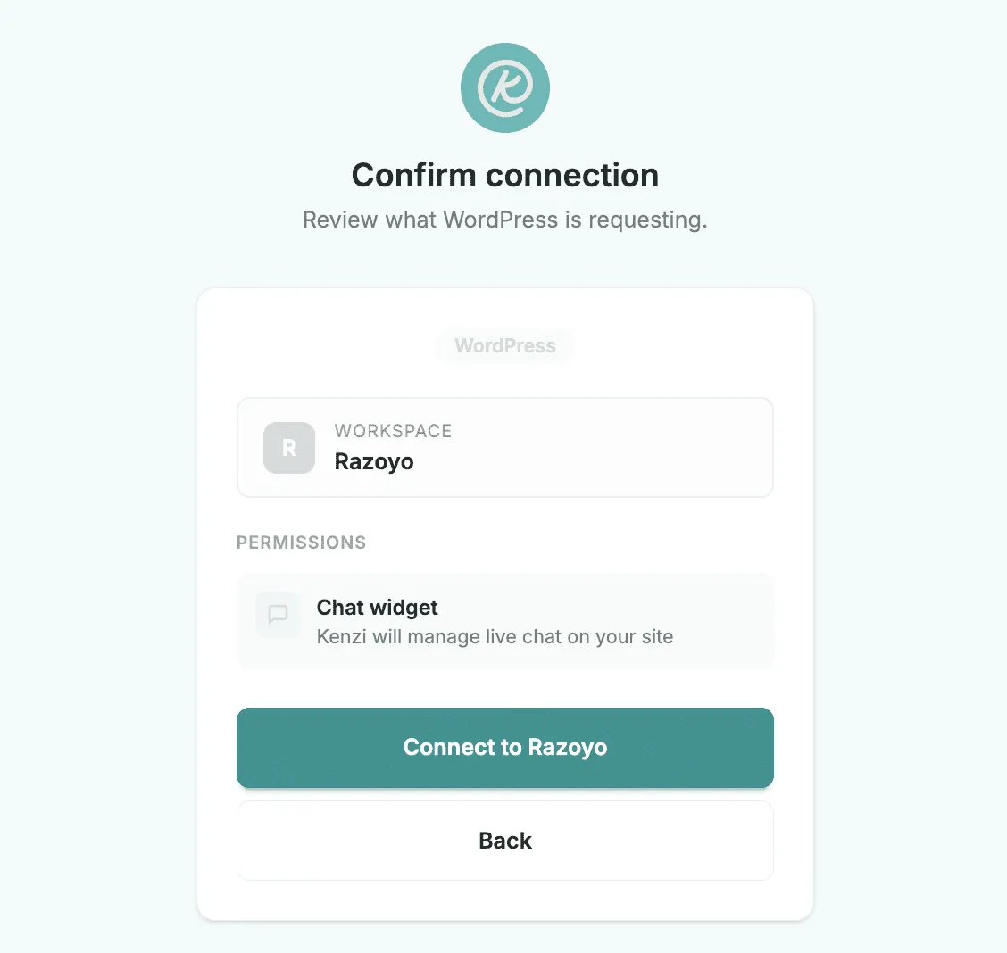 The Kenzi Connect popup showing the confirm connection screen