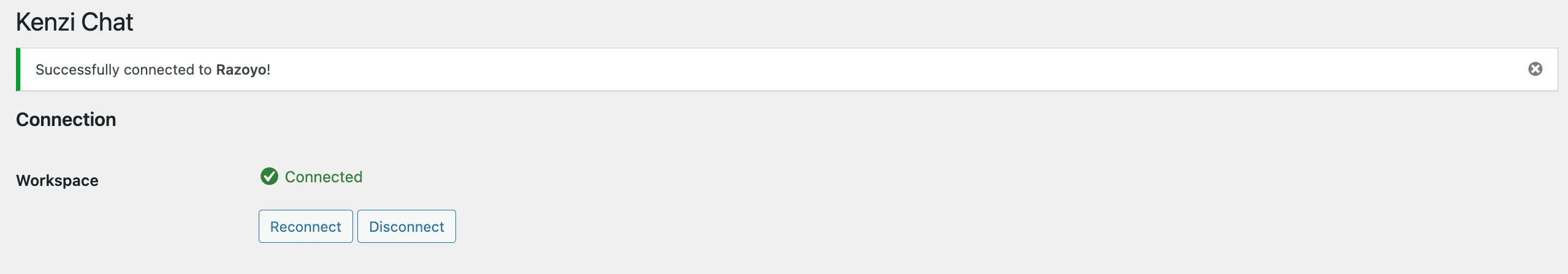 The Kenzi Chat settings page showing a green Connected status and the Enable Widget checkbox