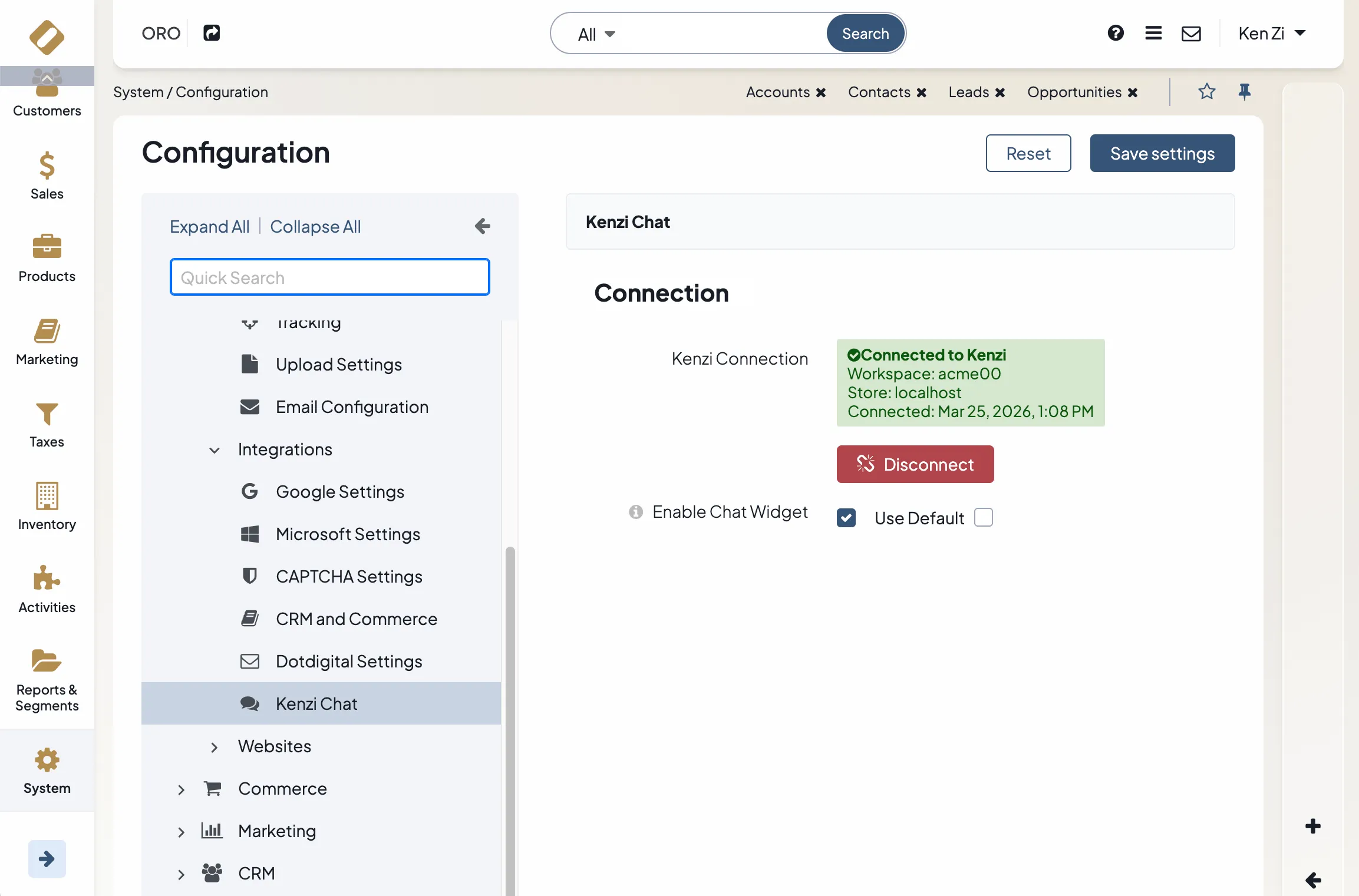The Kenzi Chat configuration showing a green Connected status