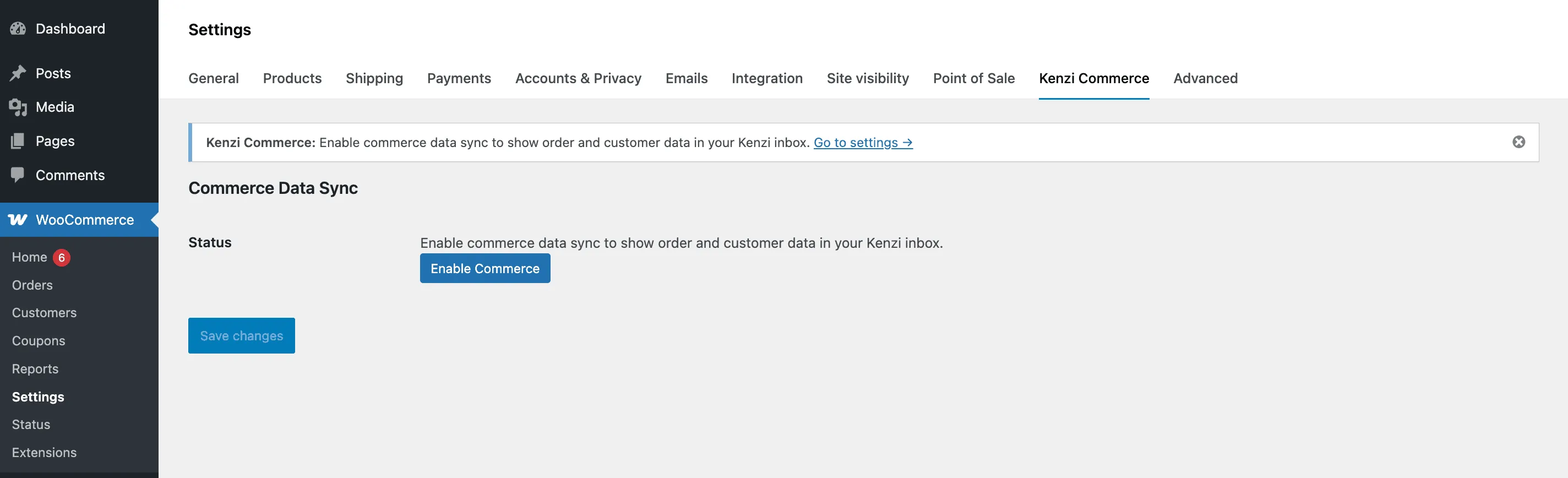 The WooCommerce Settings page with the Kenzi Commerce tab and Enable Commerce button