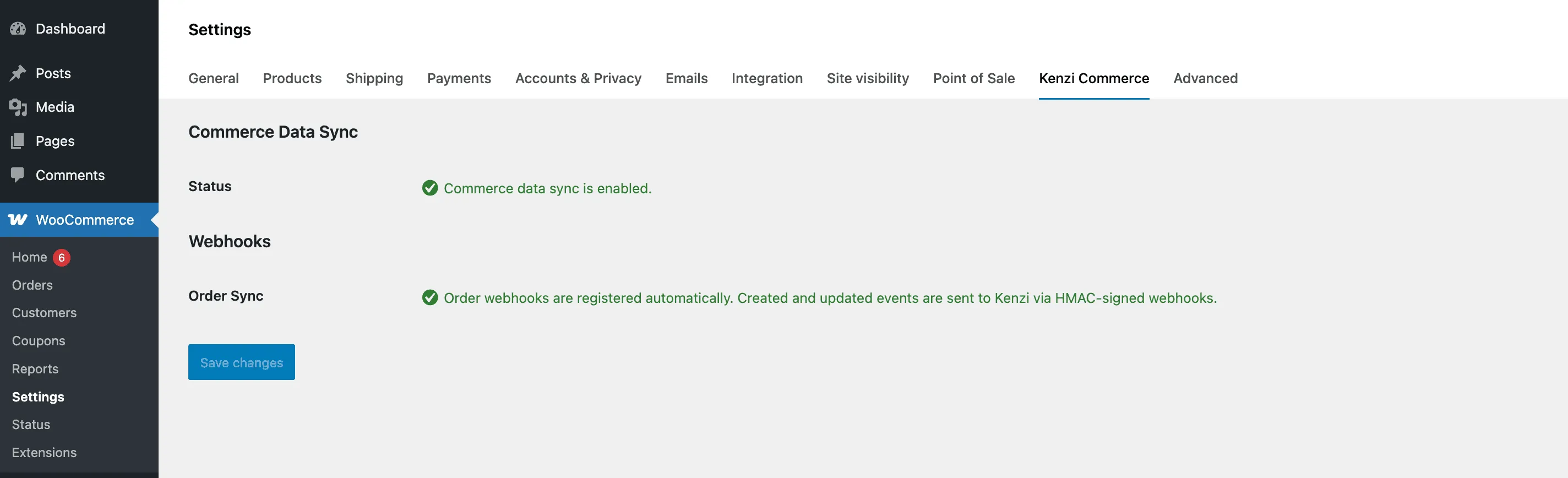 The Kenzi Commerce settings page showing a green enabled status