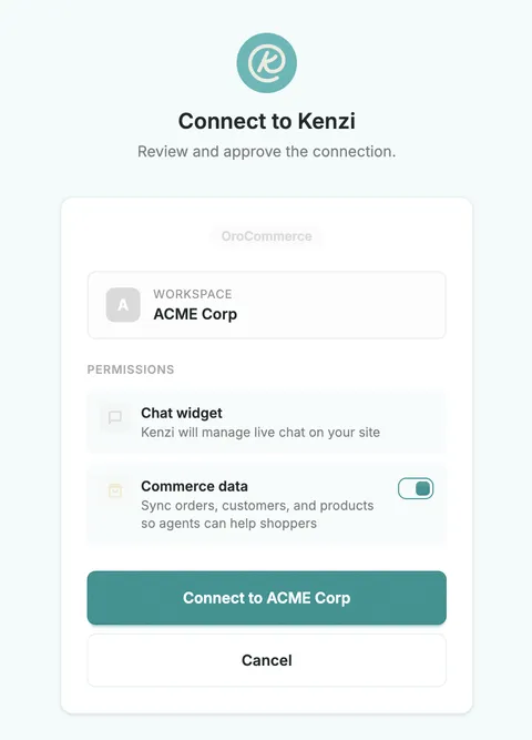 The Kenzi Connect popup showing workspace selection