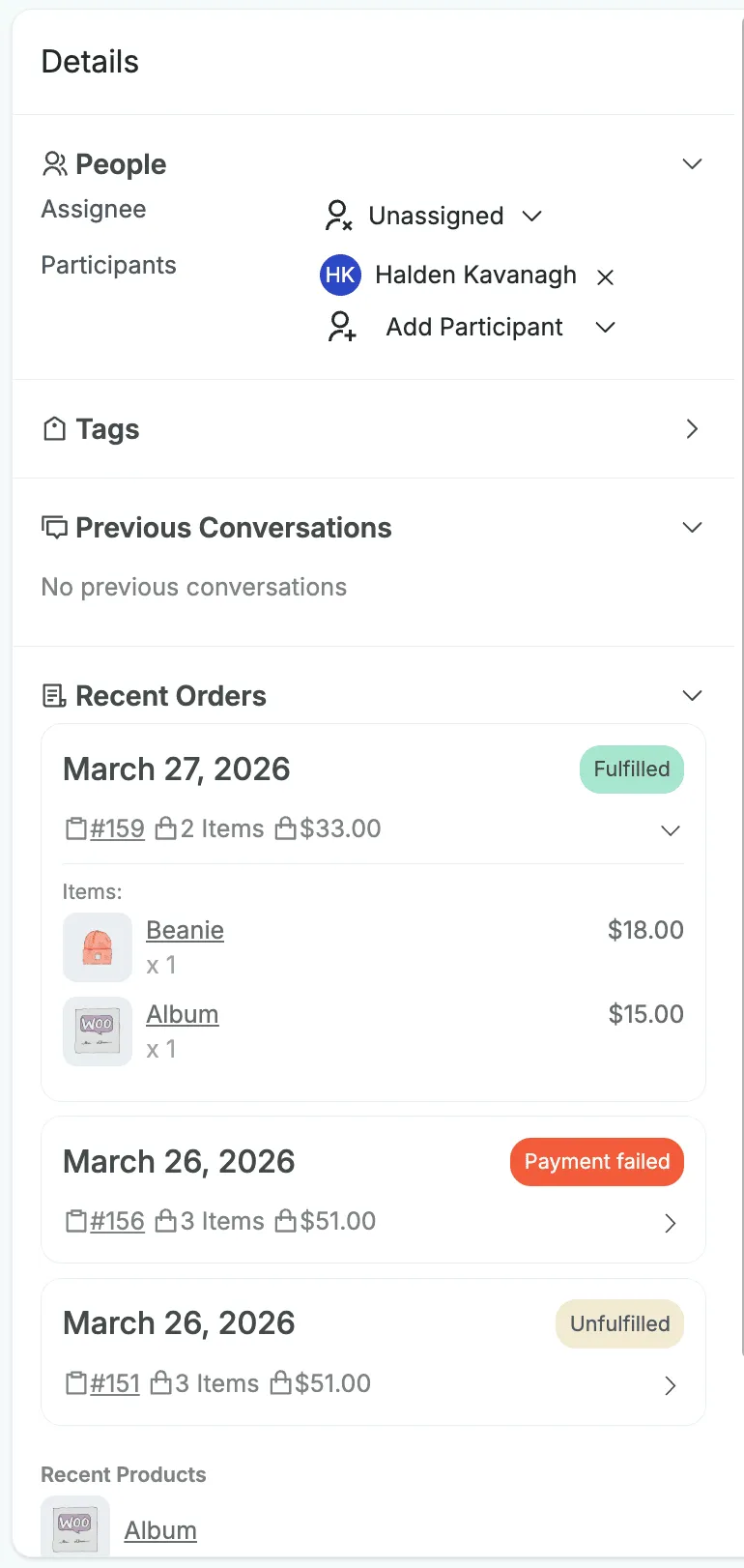 The Recent Orders section in the Kenzi conversation sidebar showing order status, products, and a link to the WooCommerce admin