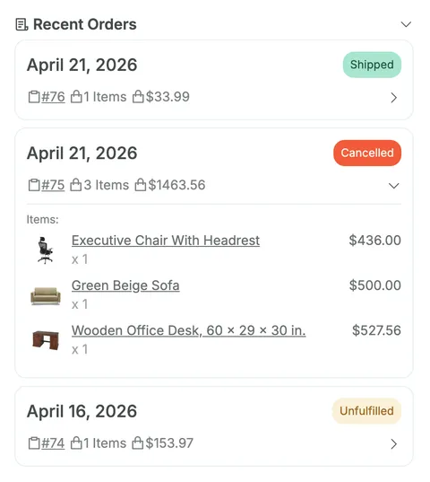 The Recent Orders section in the Kenzi conversation sidebar