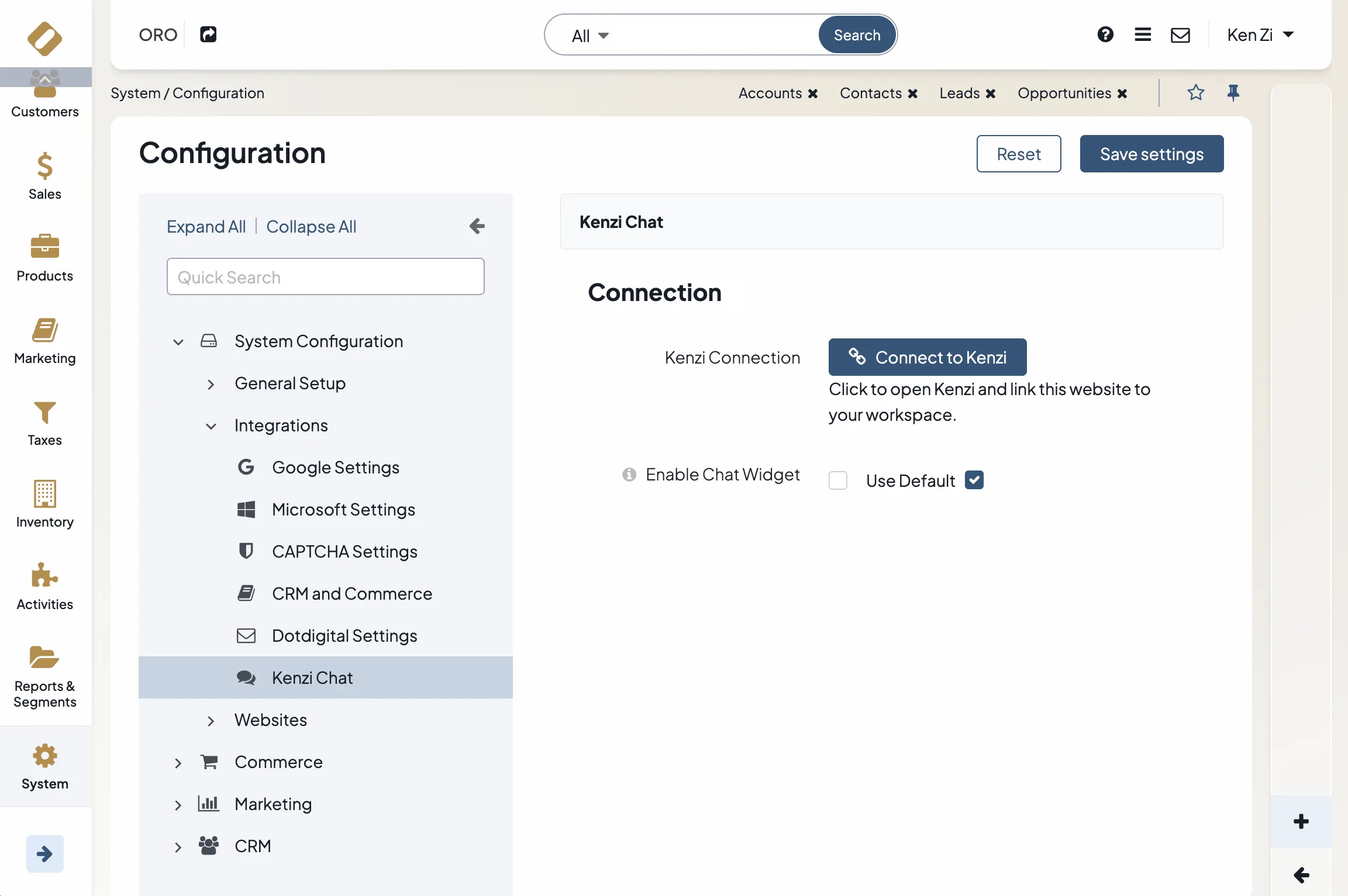 The System Configuration page showing Kenzi Chat under Integrations